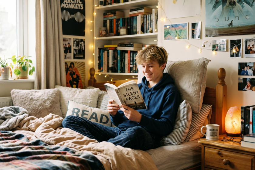 Teenage boy sitting on bed reading a book in a bedroom with bookshelves and string lights