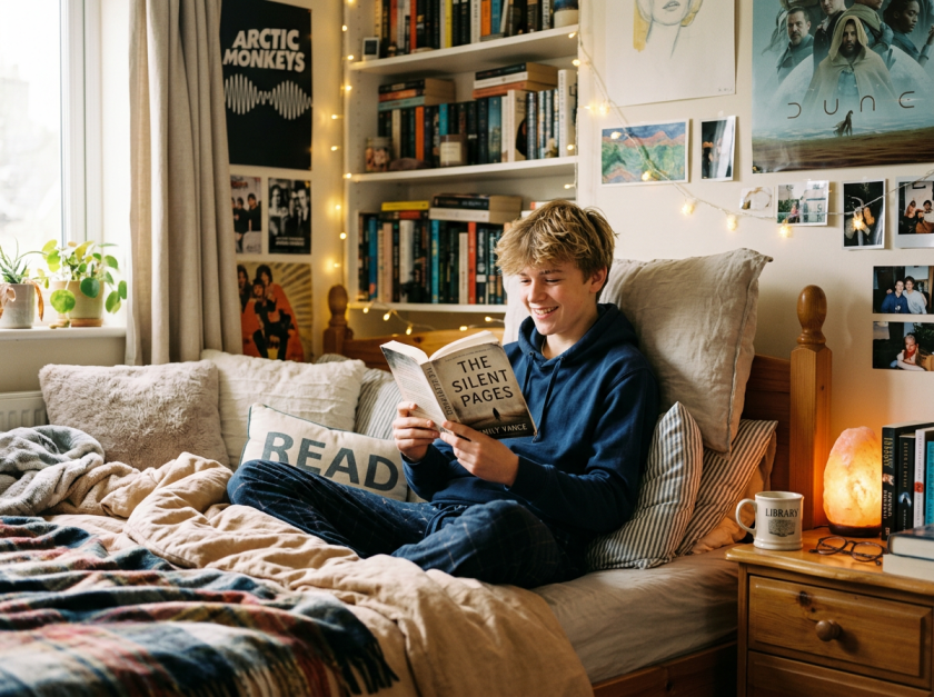 Teenage boy sitting on bed reading a book in a bedroom with bookshelves and string lights